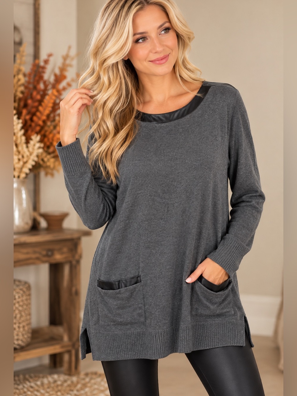 🖤✨ Jeanne Pierre Size Large Tunic Top • Faux Leather Trim • Cozy Chic ✨🖤